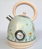 Flower-painted electric kettle with vintage-style instrument thermometer, 1.8L SUS LED 1850W, featuring automatic shutdown and dry-cooking protection.