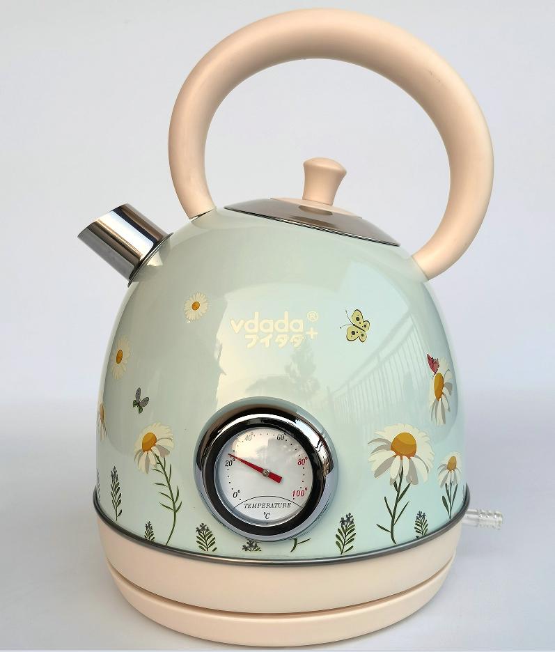 Flower-painted electric kettle with vintage-style instrument thermometer, 1.8L SUS LED 1850W, featuring automatic shutdown and dry-cooking protection.