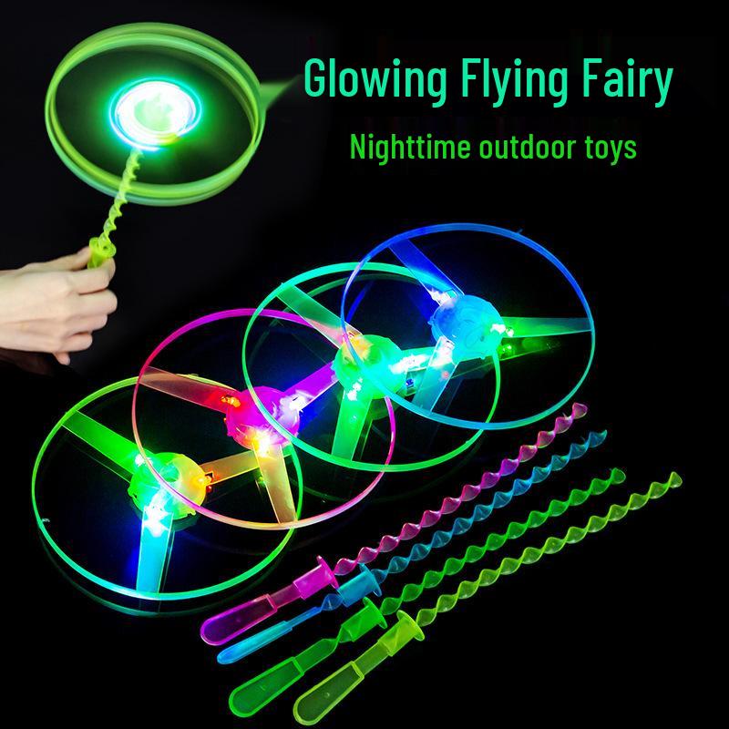 Glowing Hand-Pushed Flying Saucer Disc Flashing Fairy Bamboo Dragonfly Toy for Kids