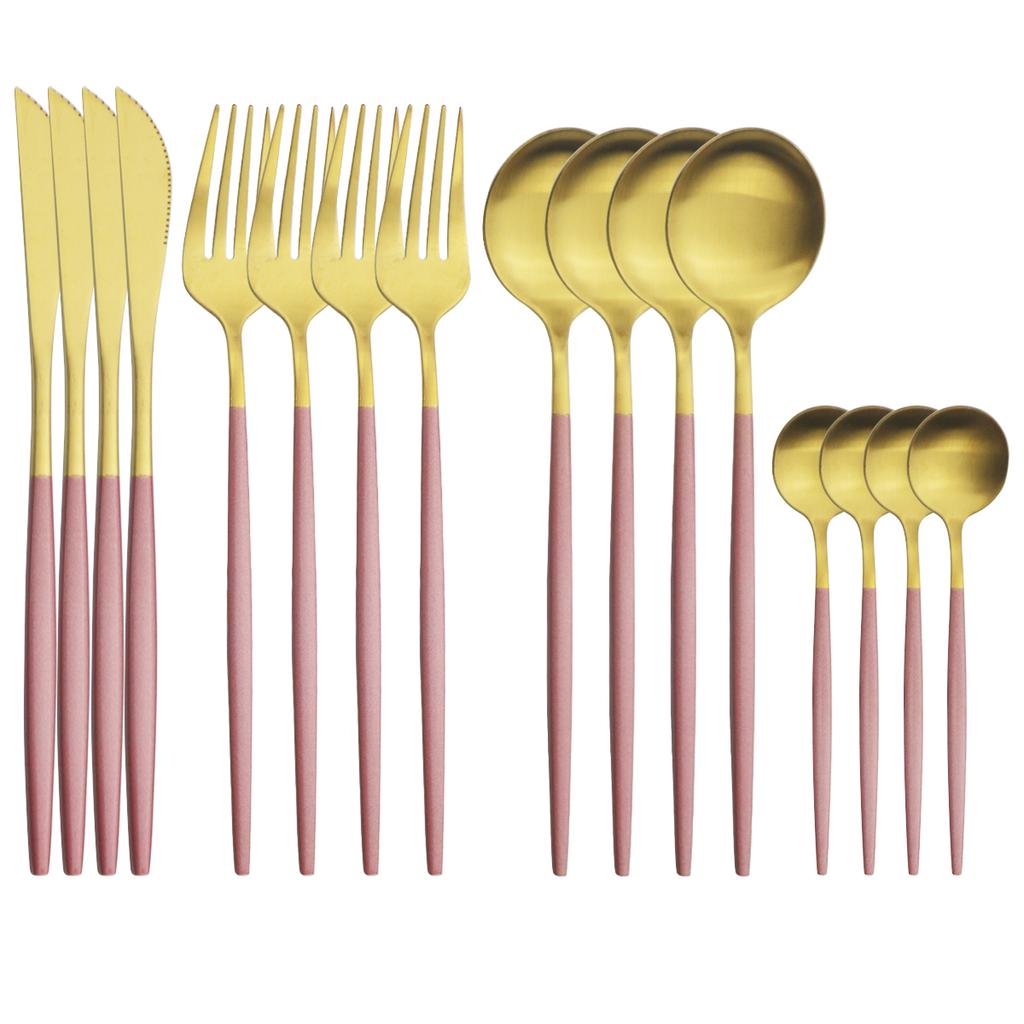 16Pcs Rose Gold Cutlery Set Knife Fork Coffee Spoons Dinnerware Set Stainless Steel Tableware Set Western Kitchen Silverware Set