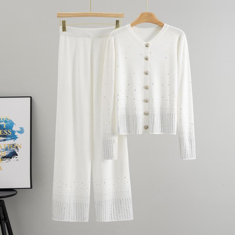 Long-sleeved Knitted Cardigan and Fashionable Wide-leg Pants Two-piece Set for Women's Autumn Casual Wide-leg Pants