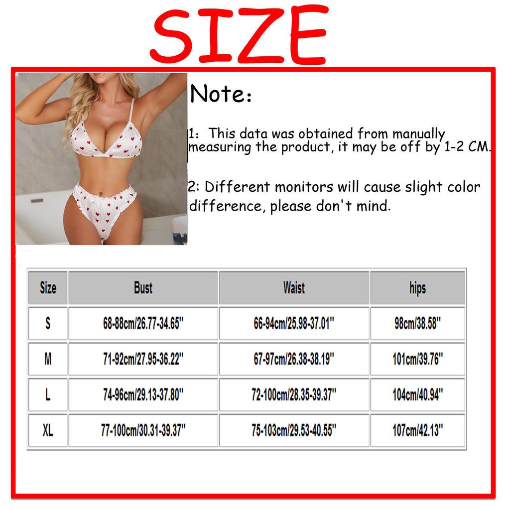 Women's Two Piece Satin Sleepwear Set Heart Print Adjustable Straps Triangle Bra and High Waist Panties Lingerie Set for Nightwear