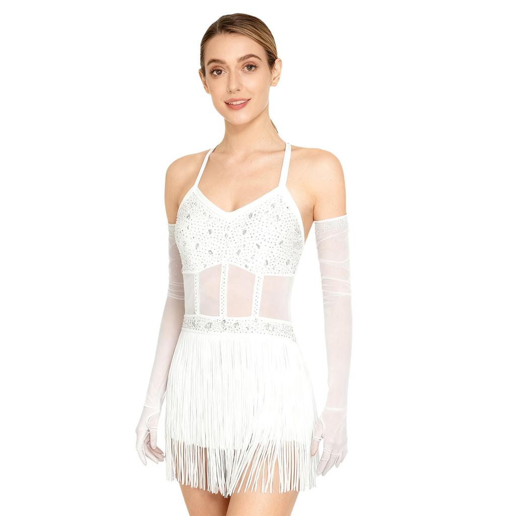 Women's Performance Dance Dress S-XXL: Sheer Mesh & Rhinestone Bodysuit with Tiered Tassel and Long Gloves for Tango