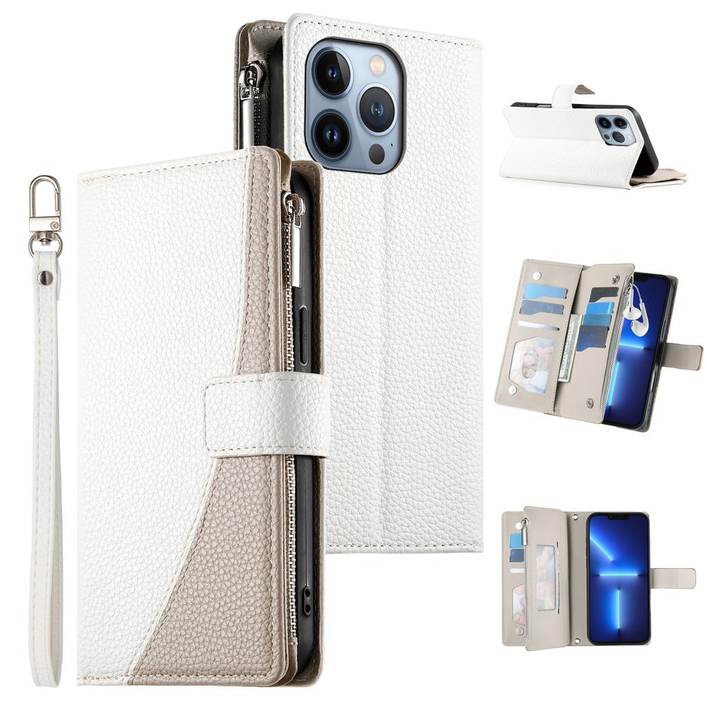 For iPhone 13 Pro Case Zipper Pocket Wallet Color Splicing Leather Flip Phone Cover with Straps
