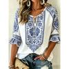 Damen Weiße & Blaue Ethnische Blumenprint-Bluse mit Bindekragen, Lässige Lockere Tops für Frühling Sommer Alltag & Urlaubsanlässe