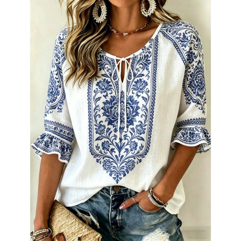 Damen Weiße & Blaue Ethnische Blumenprint-Bluse mit Bindekragen, Lässige Lockere Tops für Frühling Sommer Alltag & Urlaubsanlässe