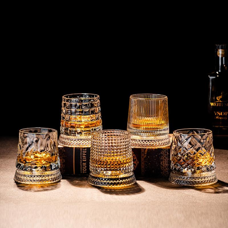 280ml Whiskeyglas Transparentes Verkostungsglas Cocktail-Trinkgläser Drehbarer Tumbler Kristallglasbecher Hausbar Glaswaren