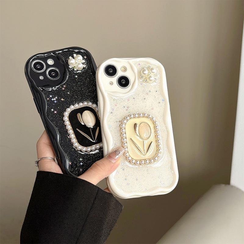 Parel Tulp Bloem Telefoonhoesje voor IPhone17 Pro Sprankelende Roze Ster voor Apple 16 Silicone Volledige Bescherming 14