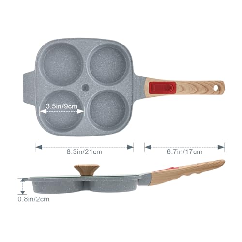 RANXINGST Fried Egg Frying Pan with Lid, Four-Cavity, Gas and Induction Compatible, Non-Stick Ceramic Coating & Removable Handle, Divided Pan, PFOA &