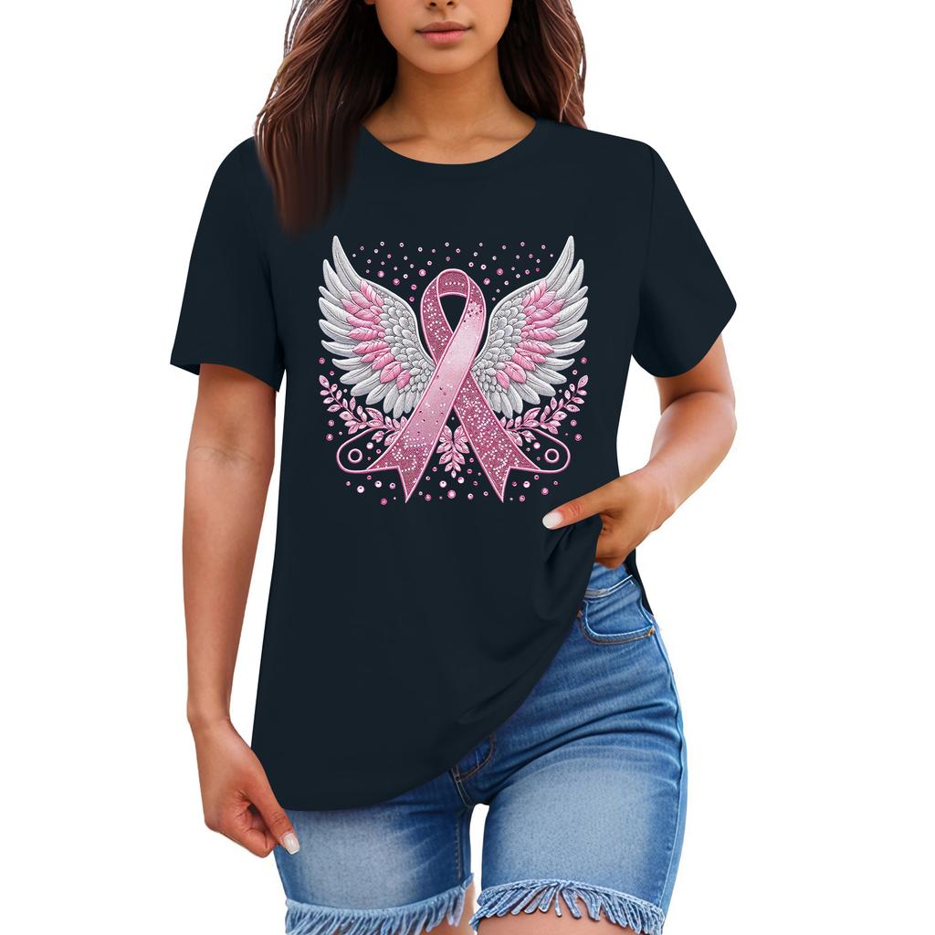 Lässiges T-Shirt-Top mit Rundhalsausschnitt für Erwachsene mit Aufdruck und kurzen Ärmeln