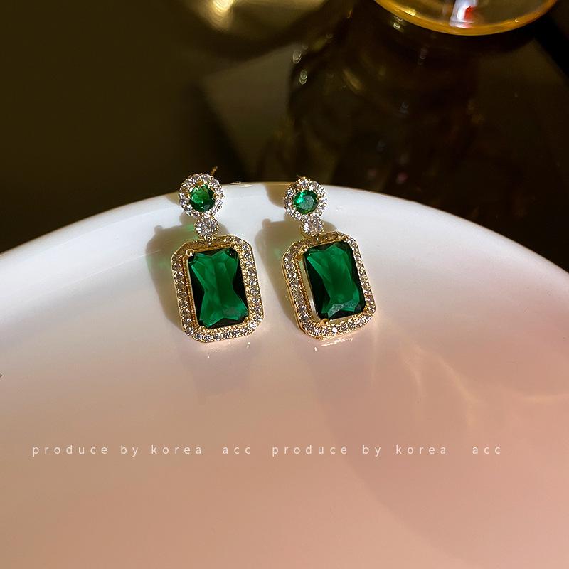 Emerald Zircon Crystal Geometric Earrings Korean Personality Fashion Stud Earrings Women's Niche Design Retro Earrings