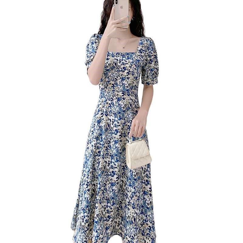 French Retro Puff Sleeve Large Size Skirt Summer Sweet Flora