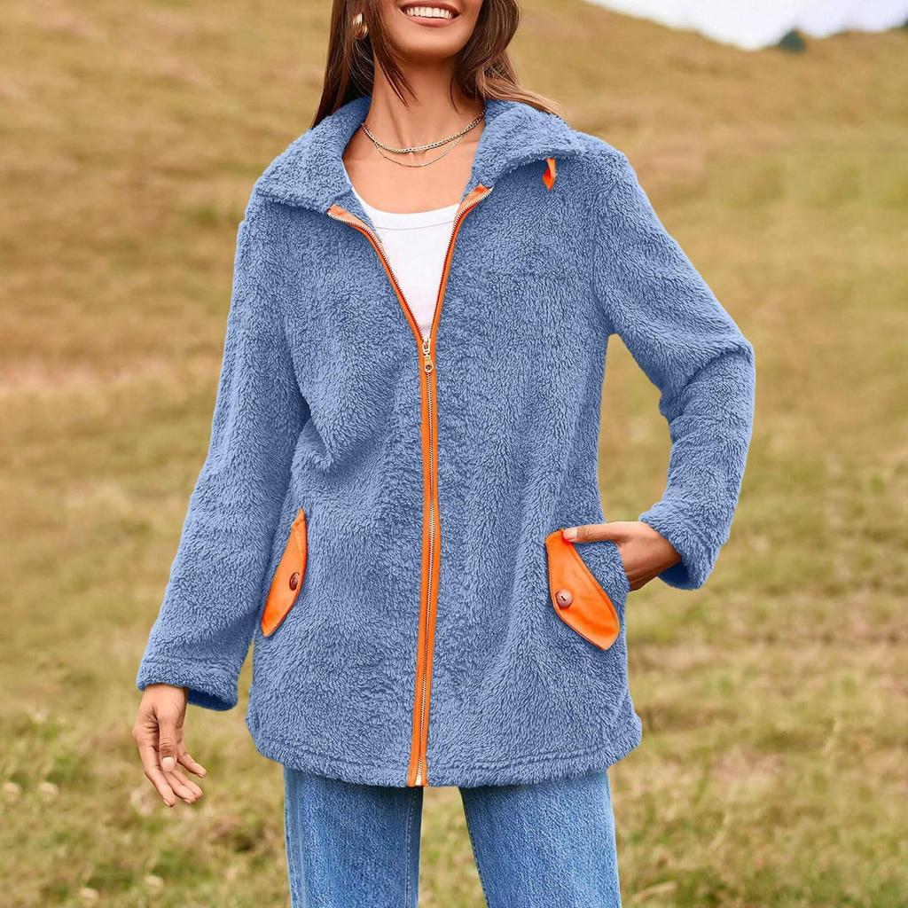 Zip Up Jacket For Women Fuzzy Fleece Coats  Coat Contrast Jackets Trendy Fall Winter Outfits Casual Outwear
