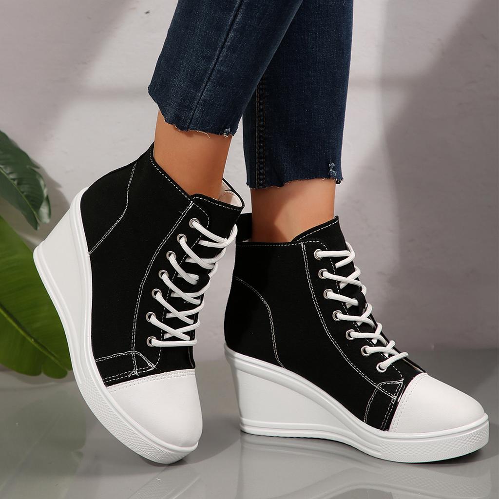 2025 New Large Size High-top Canvas Shoes Women's Muffin Bottom Thick-soled Wedge Heel Single Shoes Fashionable Versatile Lace-up High-top Shoes