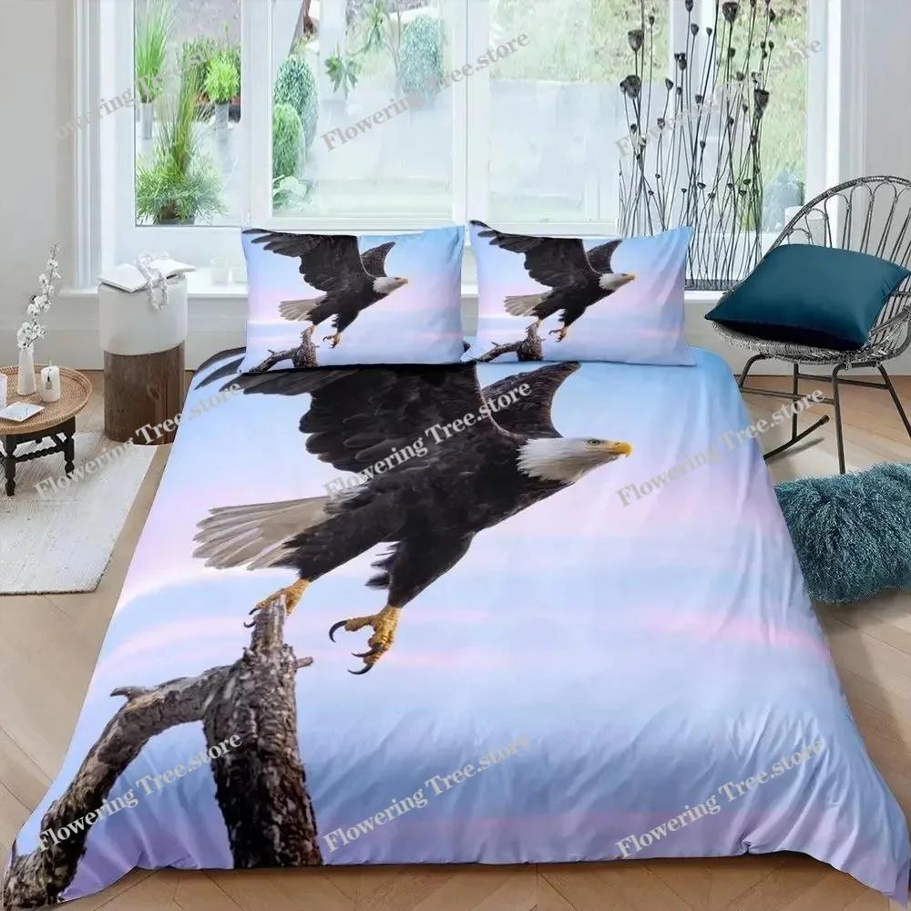Africa Duvet Cover Set, Aerial View of Bald Eagle Flying USA, Decorative Bedding Set , Full King Size