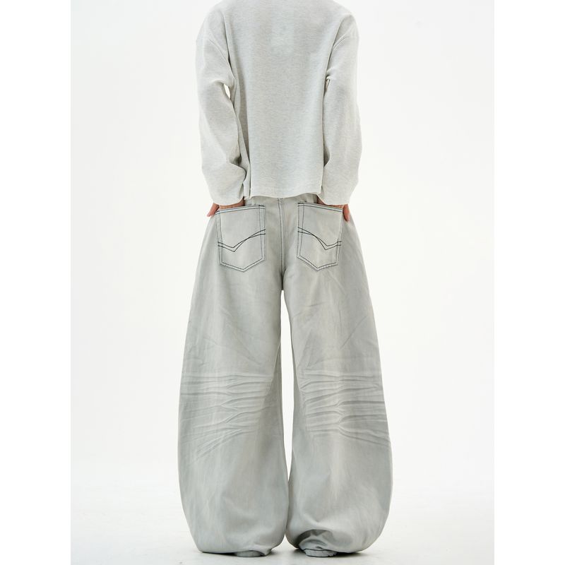 Kisko American Retro Washed Whiskered Baggy Scimitar Jeans Unisex Trendy Loose Straight-Leg Distressed Pants