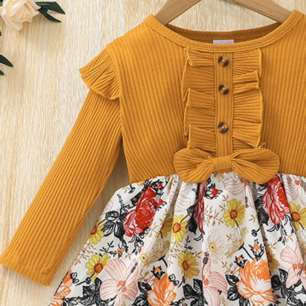 Spring And Baby Long Sleeve Printed Splicing Dress Princess Dress