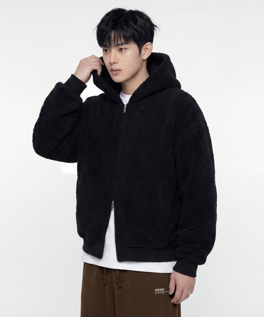 Agod Reversible Heavy Fleece Boa Hooded Zip-Up [Black]