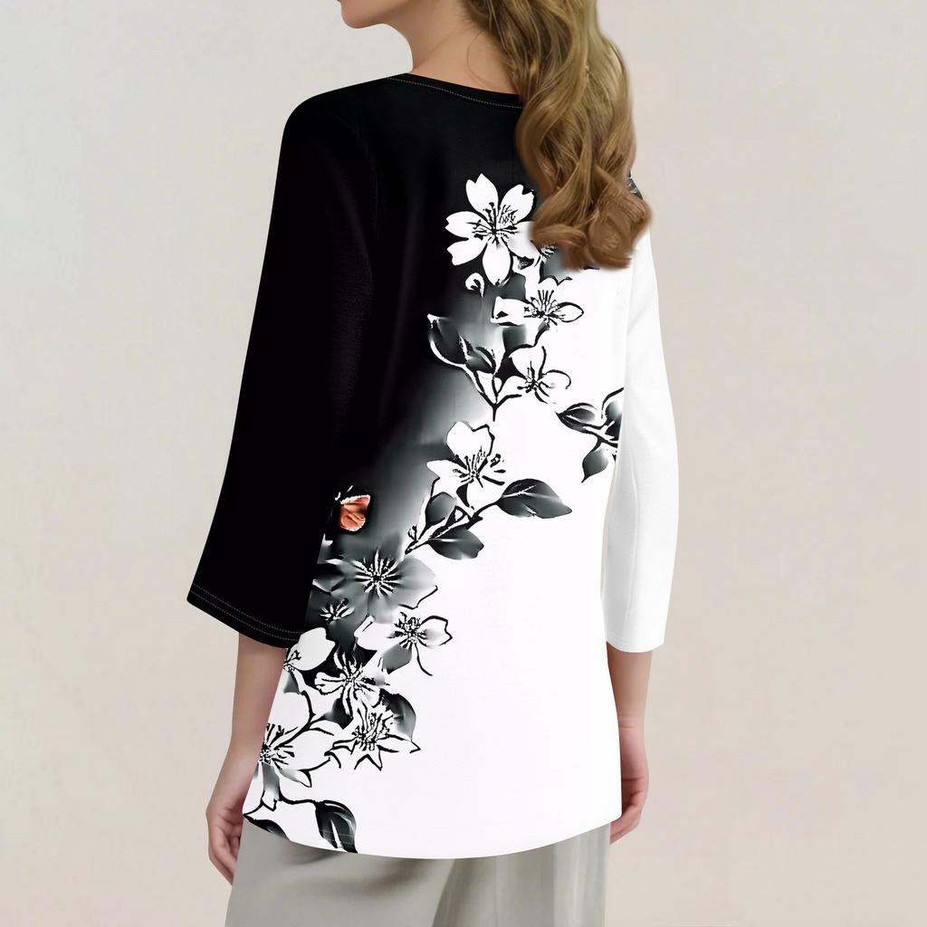 Modisches, lässiges Pullover-Oberteil mit Dreiviertelärmeln und bedrucktem Kragen für Damen