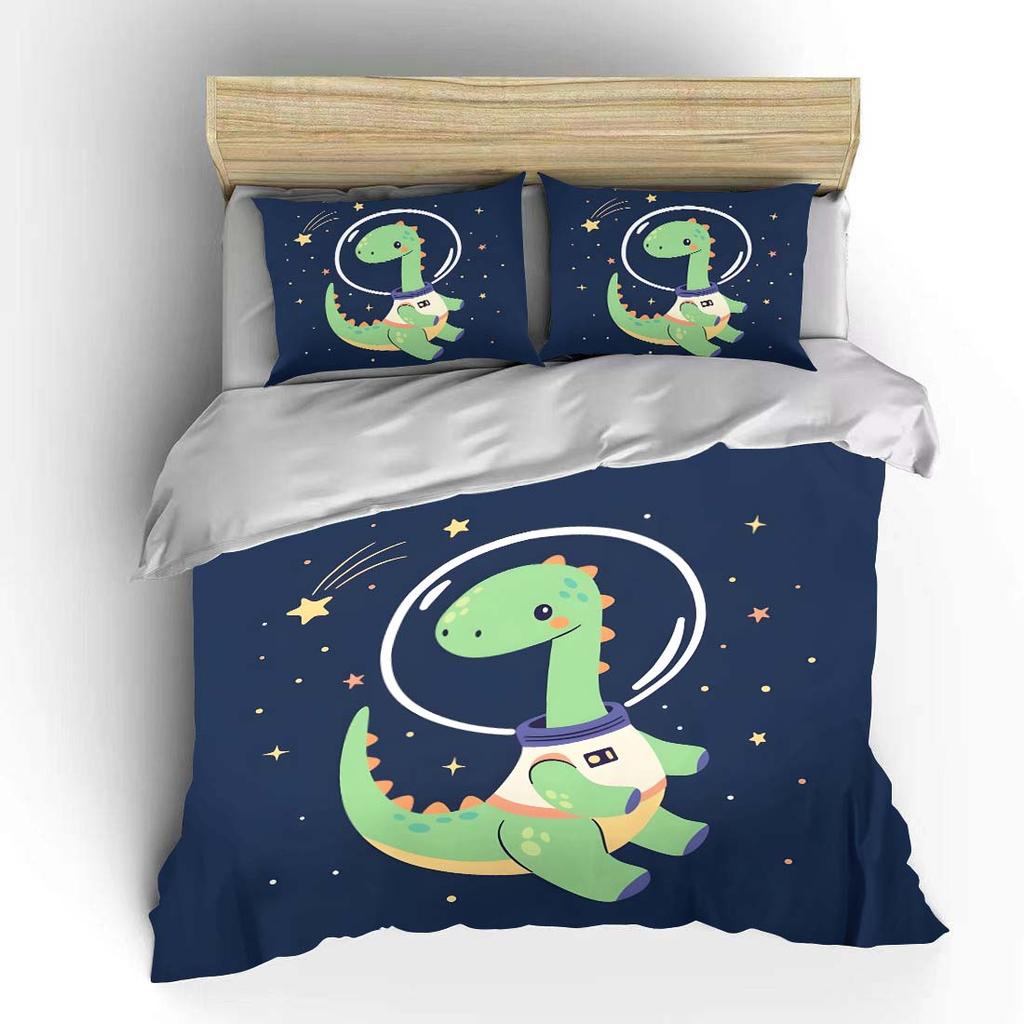 Space dinosaur with starry background Pattern Duvet Cover Set Digital Print Polyester Bedding with Zipper Closur for kids gift