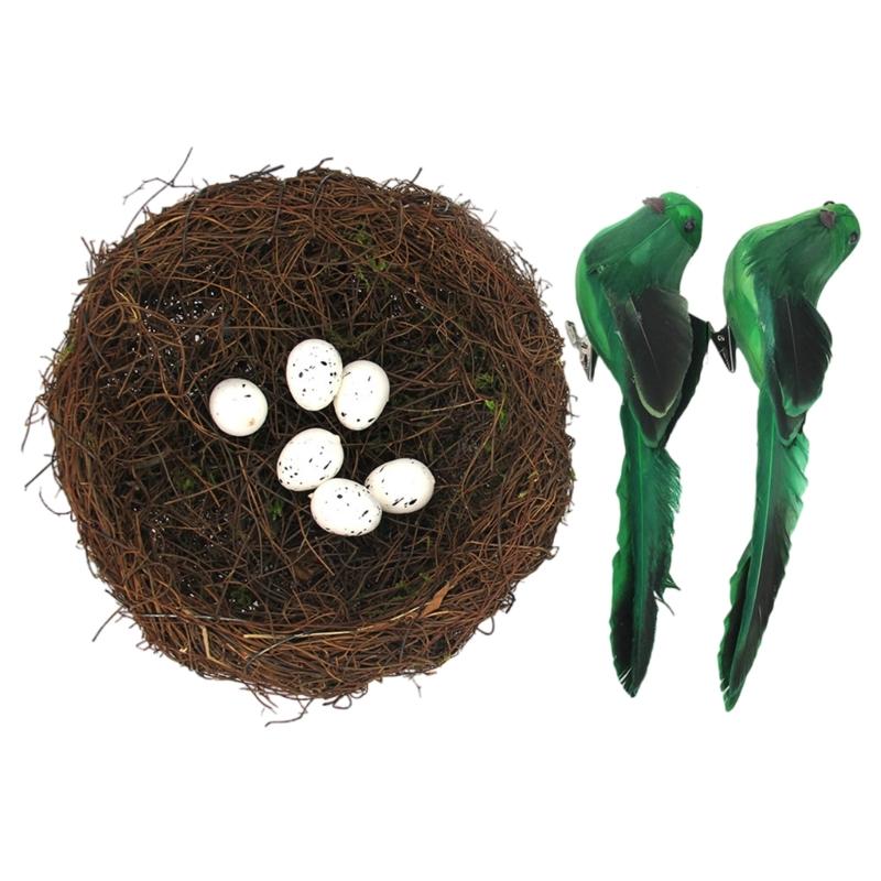 Realistic Artificial Woven Bird Nest Basket With Foam Chick Figure And Eggs Indoor Outdoor Easter Celebration Decoration