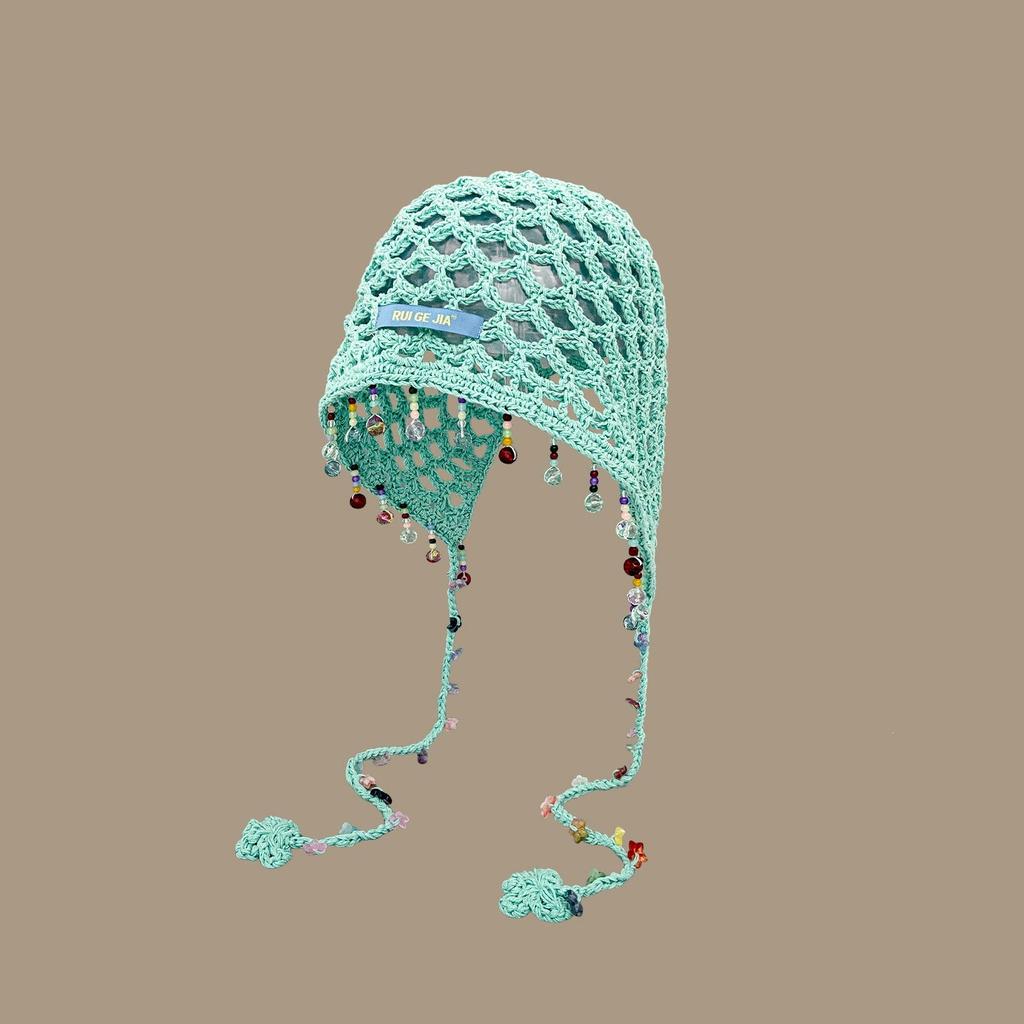 Bohemian beaded fringed pendant hollow knitted headgear women's summer travel retro ethnic style pullover hat