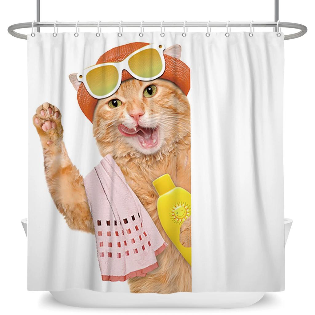 Hrdinský Velký bílý žralok s pistolí Kočka Vtipný sprchový závěs Pro kryt vany Kryt koupelny Koupání Extra velký Široký 12 ks háčků