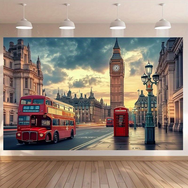 2D-Banner 1 Stück Londoner Straßenszene - Doppeldeckerbus und rote Telefonzelle geeignet für Geburtstage Festivals Partys