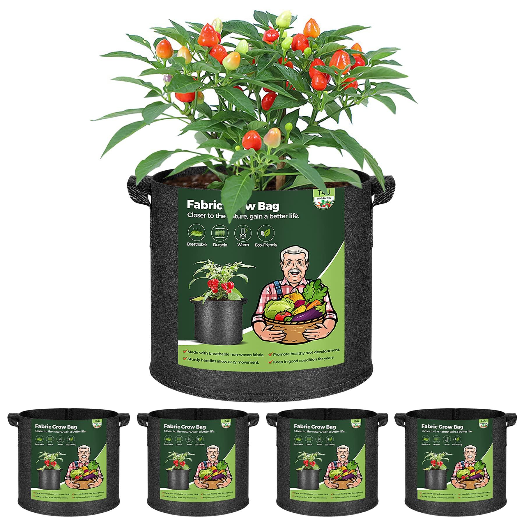 

T4U Нетканый горшок для растений, тканевый горшок с ручкой, 5 галлонов (19л), 30см x 25см, набор из 5 шт. чёрный