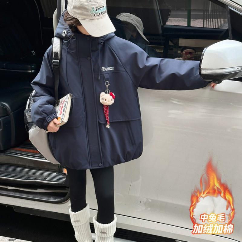 Girls Winter Hooded Puffer Coat Thick Fleece Lined Cargo Style Kids Casual Outerwear Size 120-170cm Navy Pink