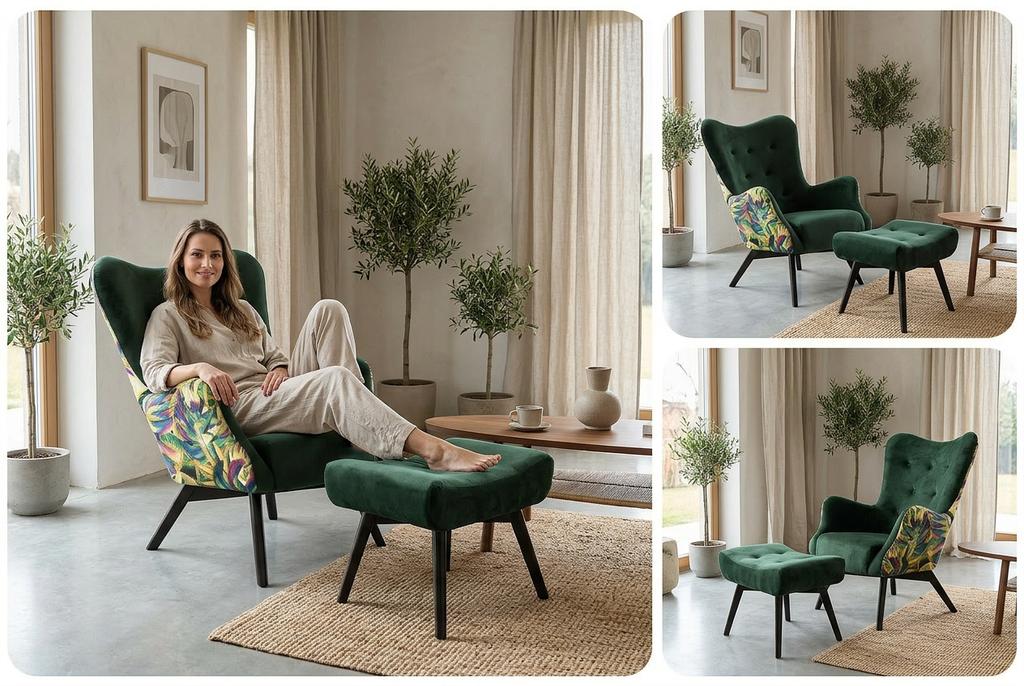 Ohrensessel Luna Print Duo mit Fußhocker und Muster im skandinavischen Stil – Family Meble