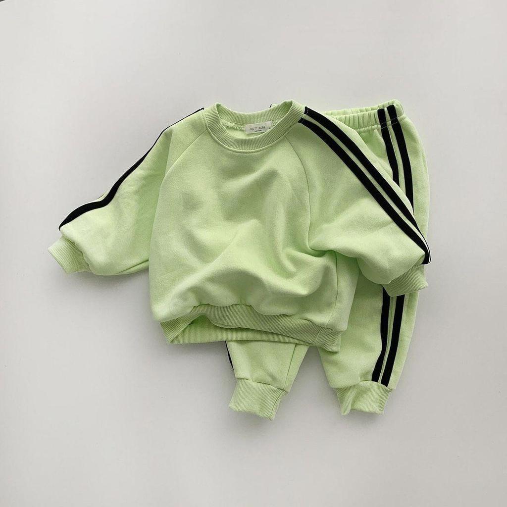Korean Children's Side Stripe Cotton Sweatshirt & Pants Set for Boys and Girls - Autumn/Spring Casual Style