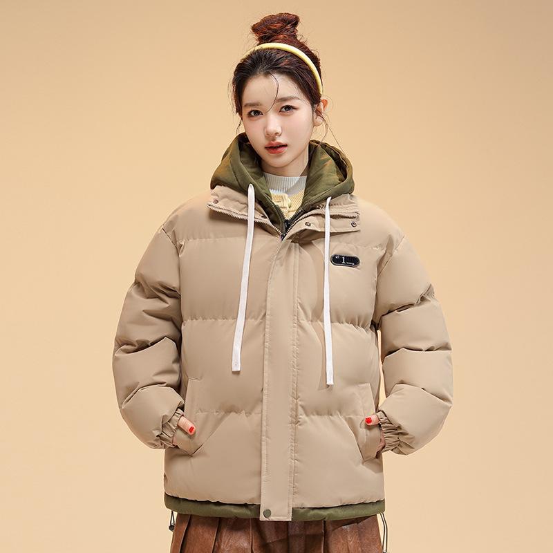 New Winter Fake Two-piece Hooded Cotton-padded Jacket Women's Winter Casual Loose Bread Coat with Contrasting Cotton Coat.
