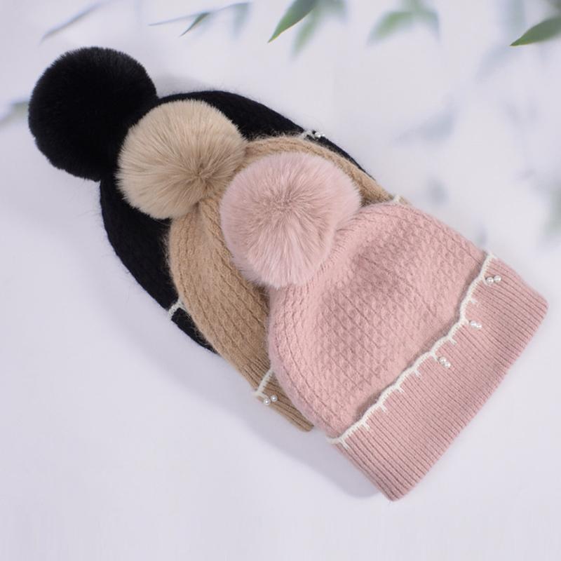 Winter Fur Ball Pearl Pullover Cap Women Outdoor Coldproof Hat Velvet Warm Ear Protection Knitted Wool Cap
