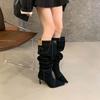 New stacked boots thin heel retro French single boots high heel spice girl wind pointed cowboy boots long boots