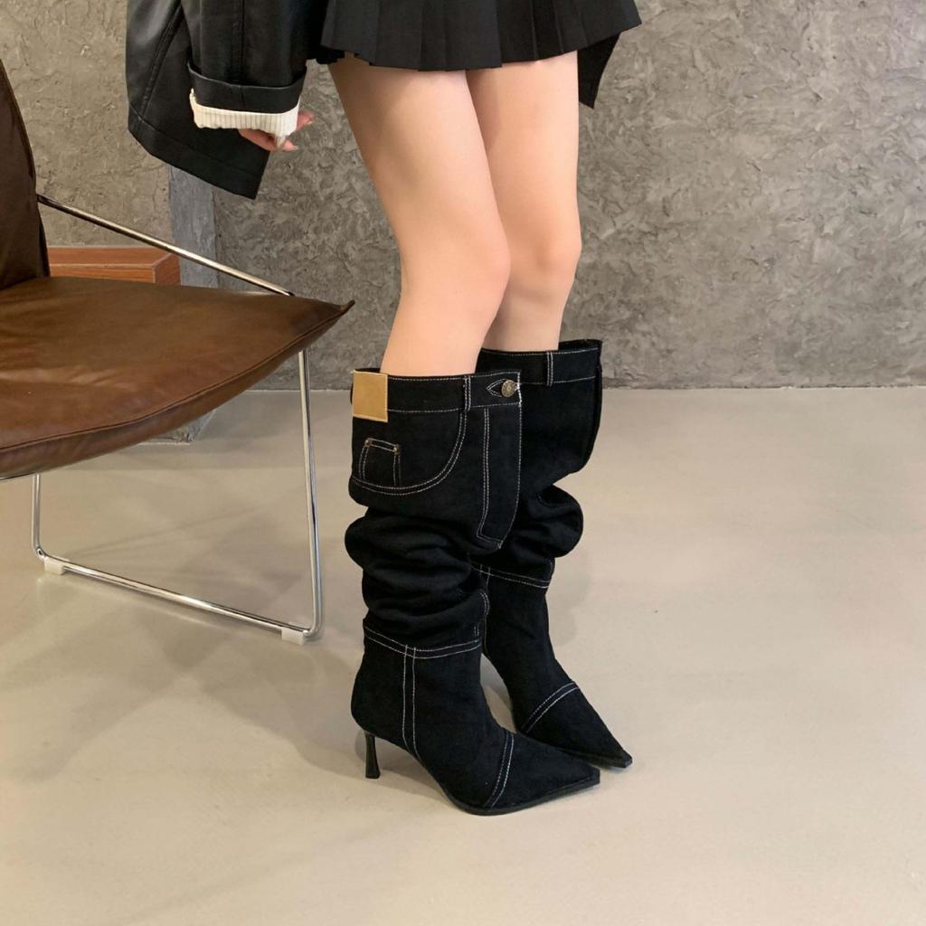 New stacked boots thin heel retro French single boots high heel spice girl wind pointed cowboy boots long boots