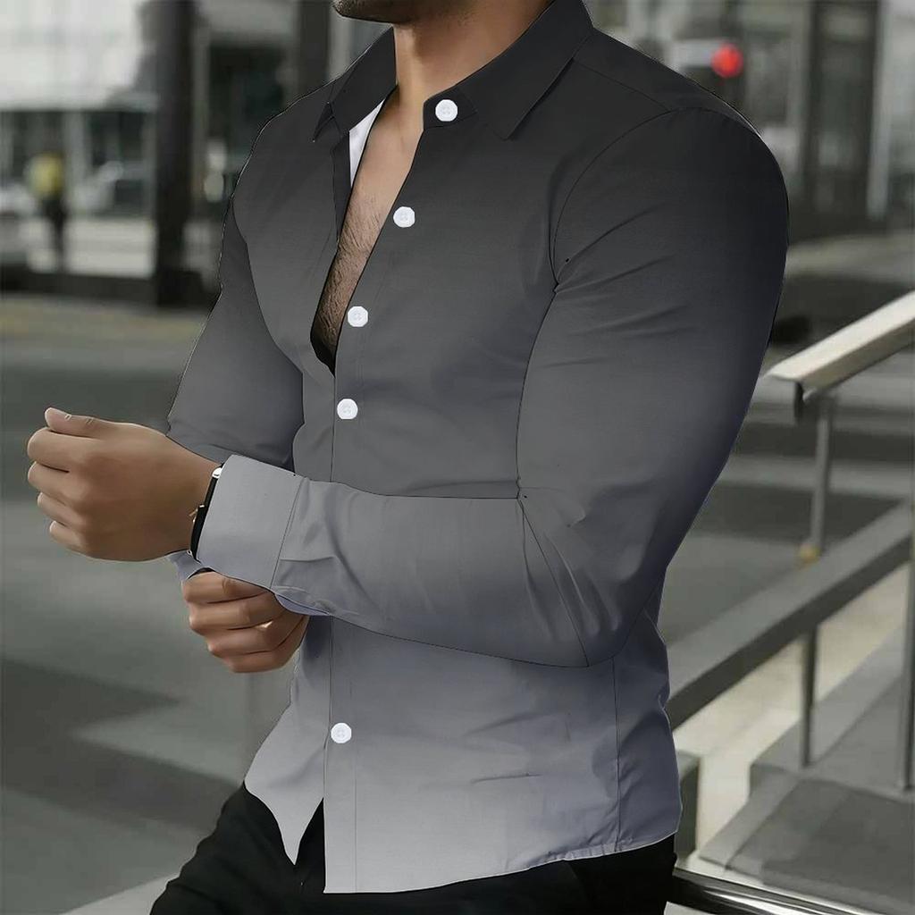 Men Collared Shirt Black White Gradient Solid Tone Long Sleeve Button Down Top