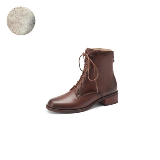 Automne Femmes Chaussures En Cuir Véritable Talon Épais Hiver Femmes Bottes Rétro Solide Dentelle Dame Bottes Modernes Bottines Concises Talons