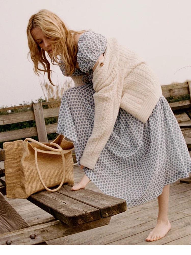 Floral Square Neck Cotton Waist-Cinching Mid-Length Dress for Vacation 2025 - French Women's Fashion