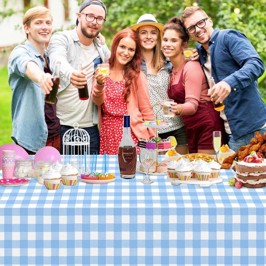 1 Pack Light Blue Gingham Tablecloth Rectangular Pale Blue and White Checkered Tablecloths Disposable Plastic Plaid Table Cover for Parties