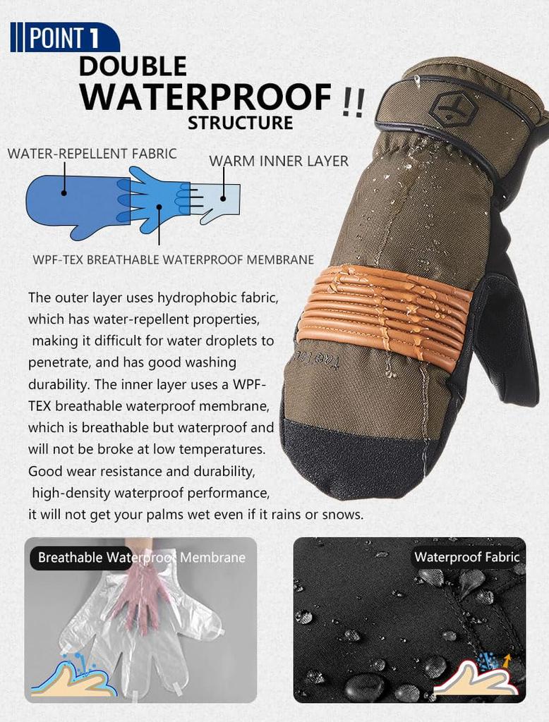 TaoTech Gathered Snowboard Gloves with Wrist Waterproof Ski Gloves for Men and with Protectors Neon Mittens, Guards, Women, Five-Finger Inner, (L,
