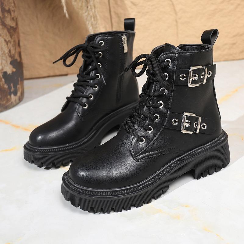 

Large size double belt decorative buckle Martin boots women s autumn and winter new round head locomotive boots 42 чёрный