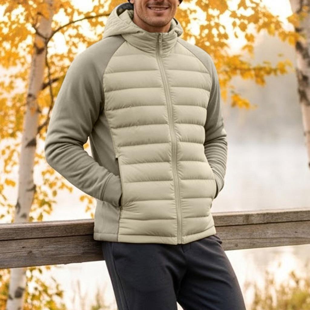 Men's Lightweight Quilted Hooded Jacket with Synthetic Down for Fall and Winter