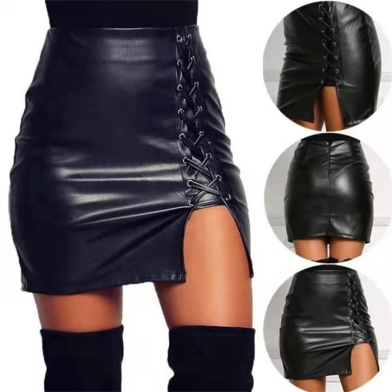 Qooth PU Bodycon Mini Skirt with Irregular Hem Slim Fit PU Mini Back Zipper QT2706