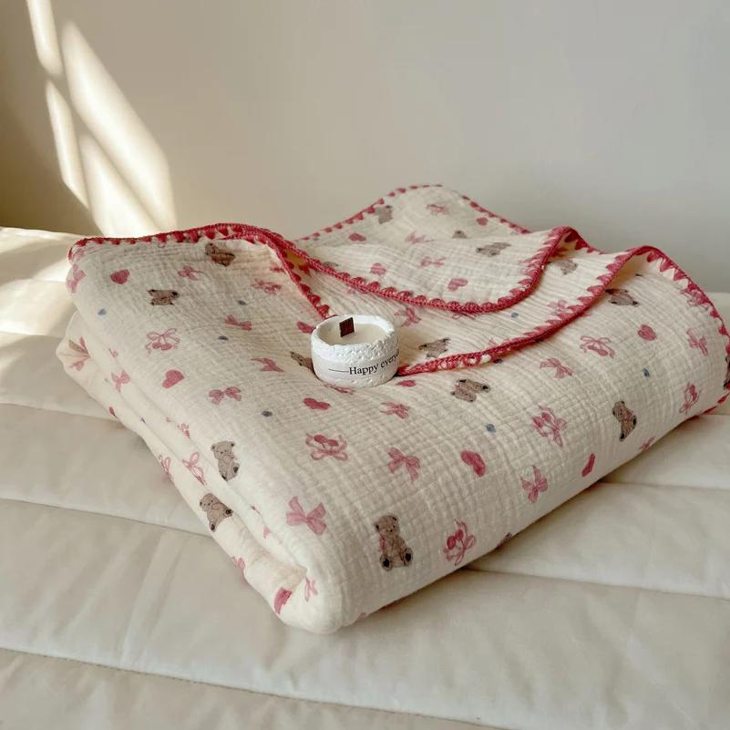 100% Cotton Blanket INS Style Pure Cotton Crepe Yarn Summer Blanket Single/Queen/King Size Cartoon Quilt for Kids Soft Plaids