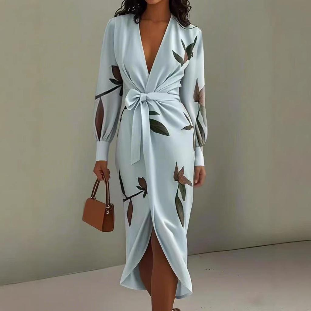 2025 European & American Women's V-neck Long Sleeve Lace-up Print Long Dress
