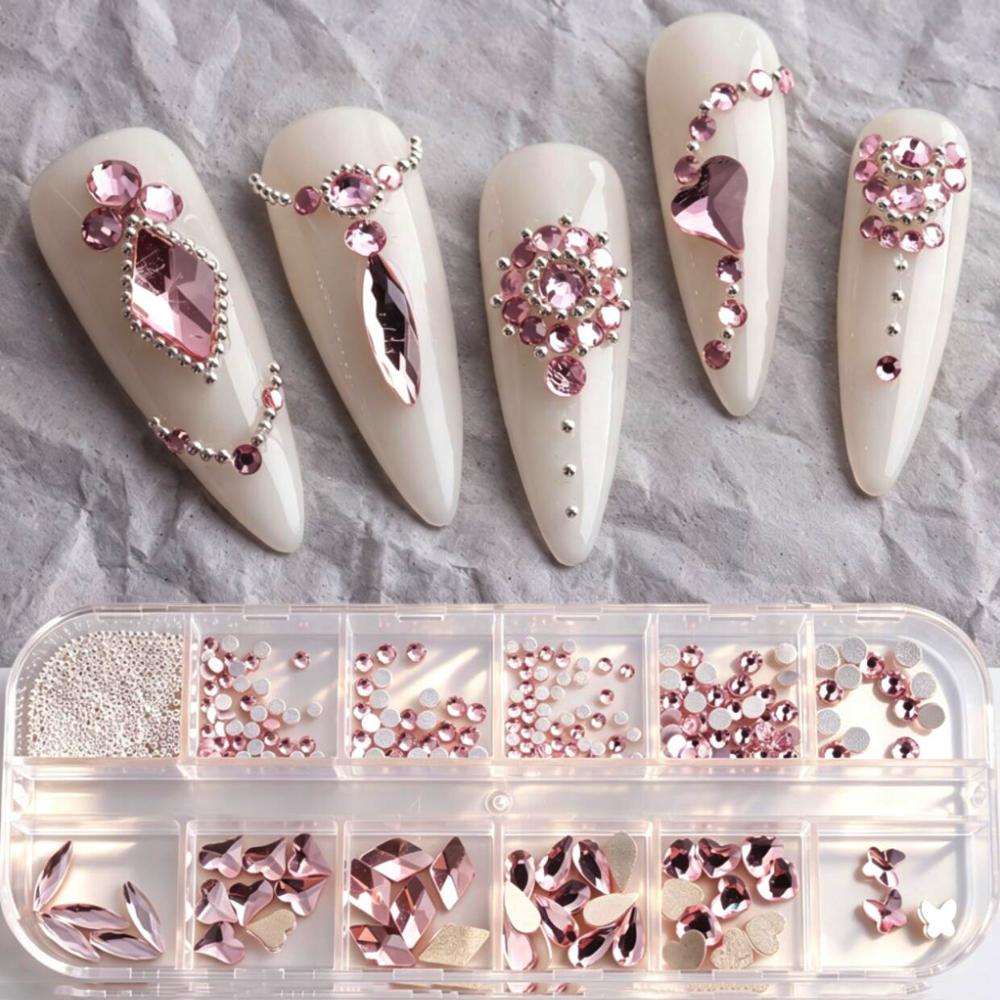 12grids White Mini Pearls & Silver Alloy Caviar Beads Nail Charms 3D Round Clear Nail Rhinestones Flatback Resin Nail Supplies
