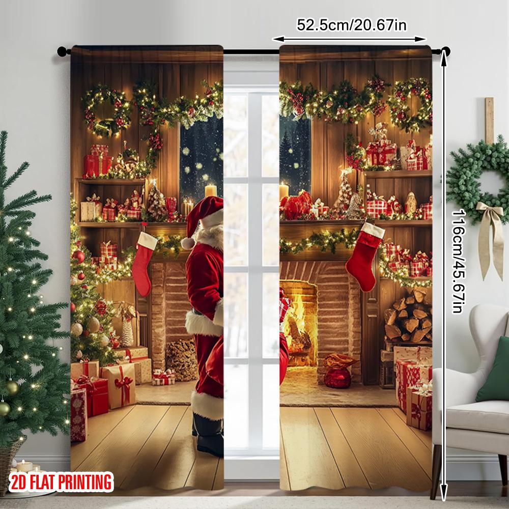 Set Of 2 Flat Printing Merry Christmas Popular Party Window Curtains Father Versatile Durable Polyester Without Made