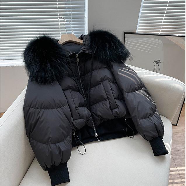 

Lagabogy 2025 Зимняя куртка-пуховик женская Толстая теплая короткая парка Натуральный мех енота Женская Свободного кроя Пальто с 90% пуха белой утки M