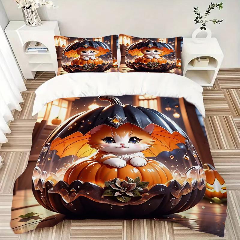 3pcs Orange Cat and Pumpkin Pattern Bedding Three-Piece Set (1 Cover + 2 Pillowcases, No Fillings),Soft and Comfortable N072